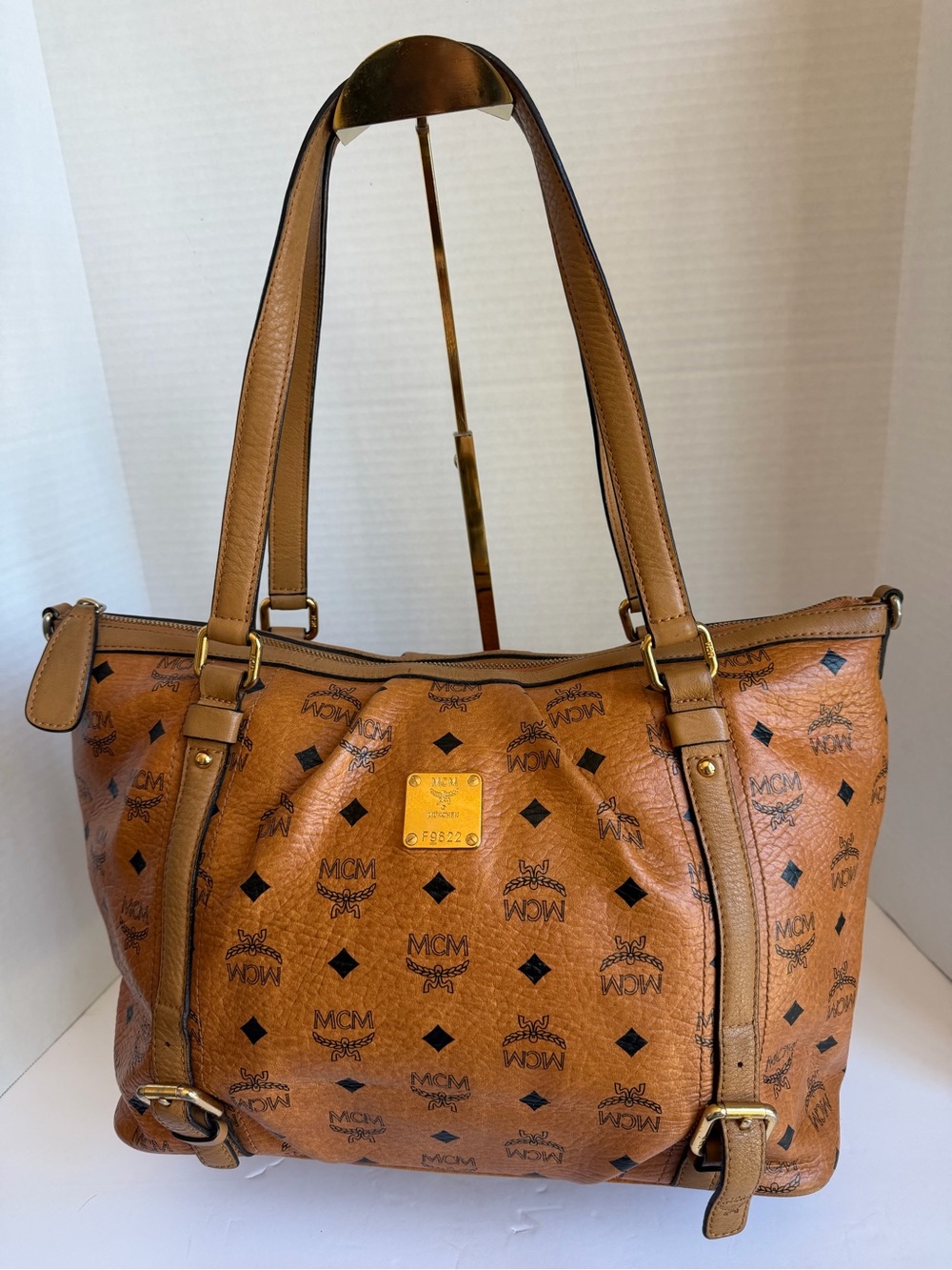 MCM Cognac Visetos Logo Shoulder Bag with Gold Plate